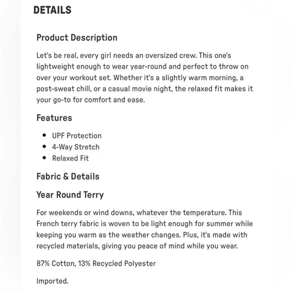 Fabletics Terry Oversized Crew Neck Sweatshirt | XS | NWT | Iced Out Blue - Picture 5 of 9